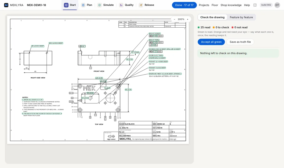 MEK-DEMO-18's drawing with every reading outlined in green — tolerances, fits, threads and geometric frames — and the check panel: 25 read, 0 to check, 0 not read