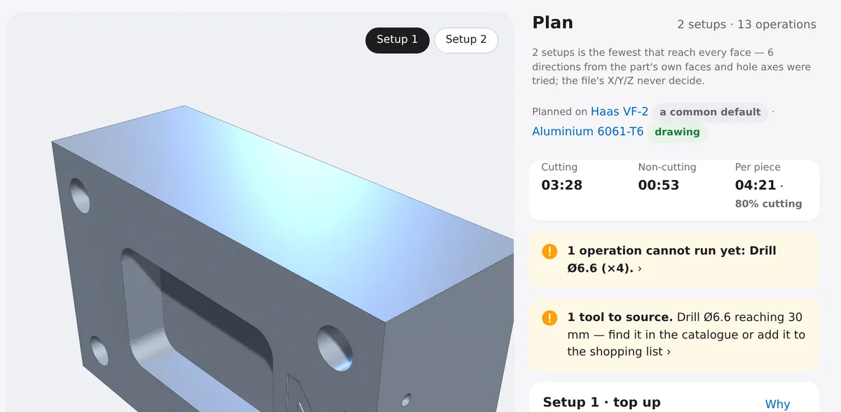 MEKLYRA workspace — MEK-DEMO-07 in 3D with its two setups, and the plan beside it: cutting time, the drill that still has to be sourced, and every setup with its reasons